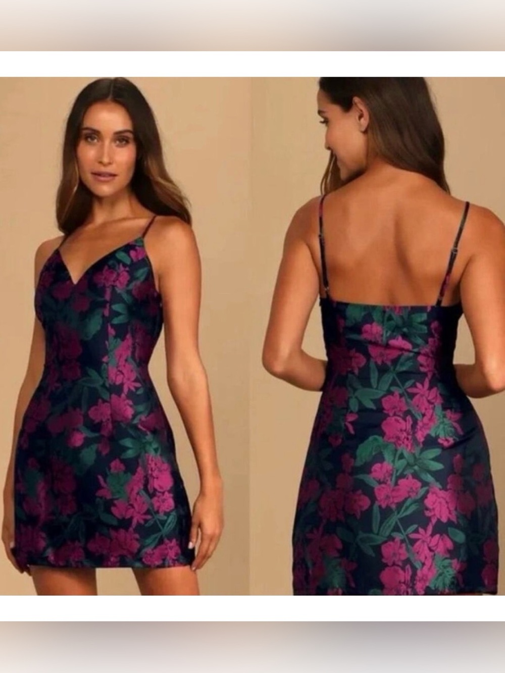 Lulu's Navy Satin Floral Mini Dress with Magenta Blooms